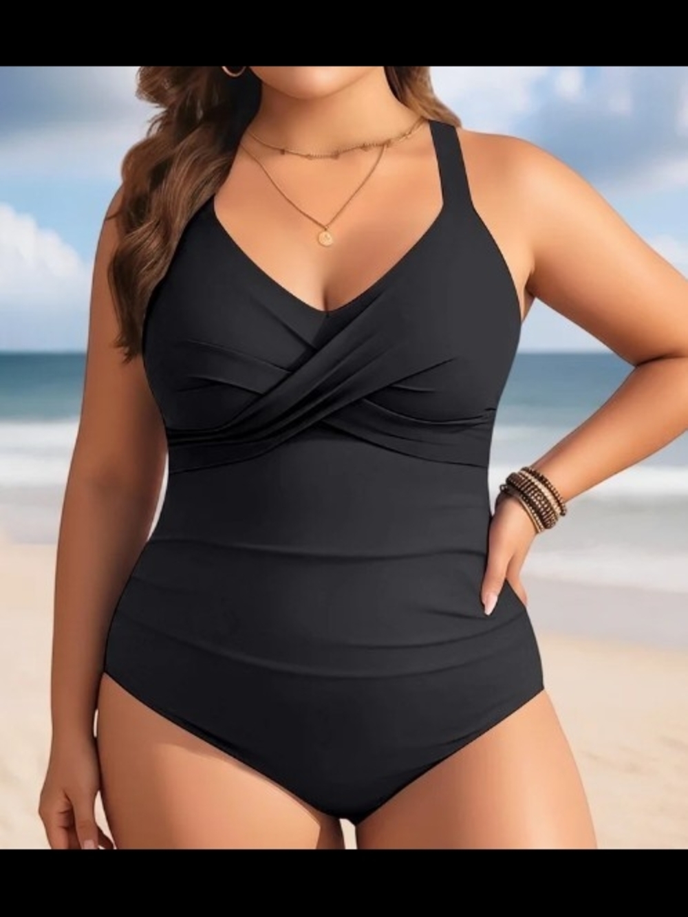 Plus-Size Black One-Piece Swimsuit with V-Neck Twist Front